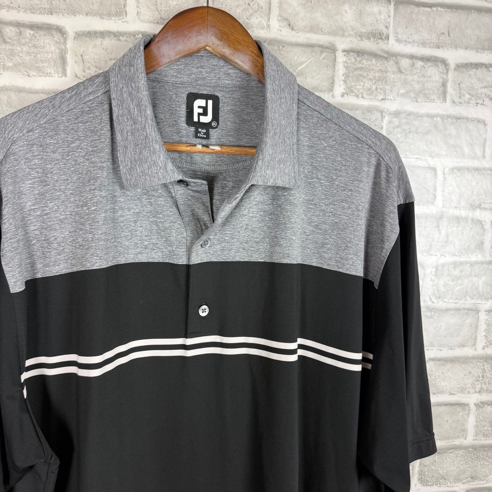 FootJoy Mens Golf Polo Shirt 2XL Gray Black Striped Short Sleeve Performance FJ